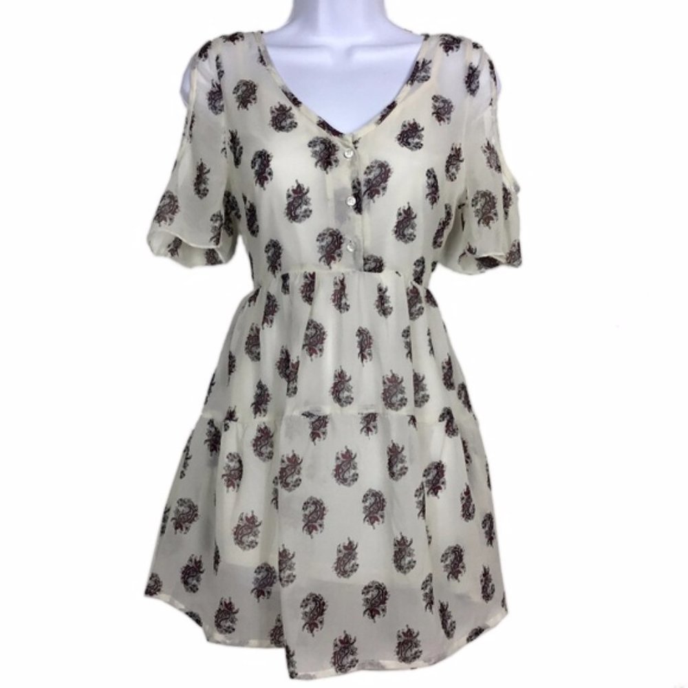 Sheer Cream Paisley Print Cold Shoulder Dress